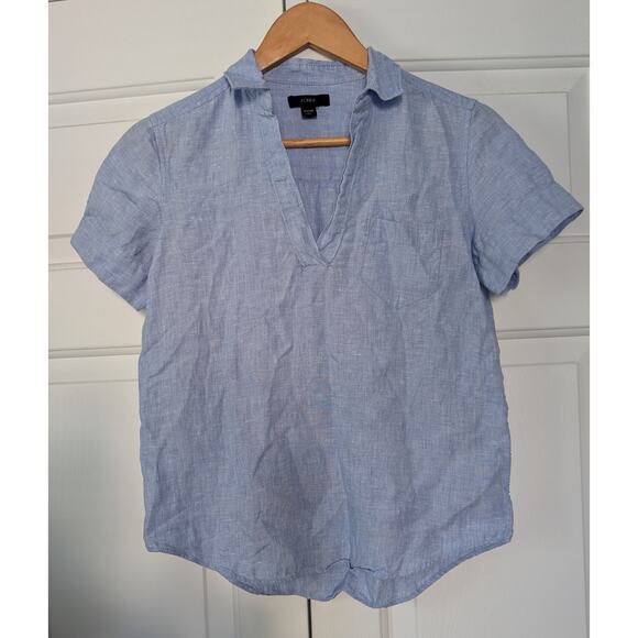J. Crew Blue Short Sleeve Collared Linen Shirt - Picture 1 of 6